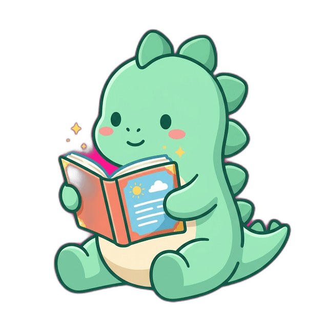 Tella the dinosaur reading a book