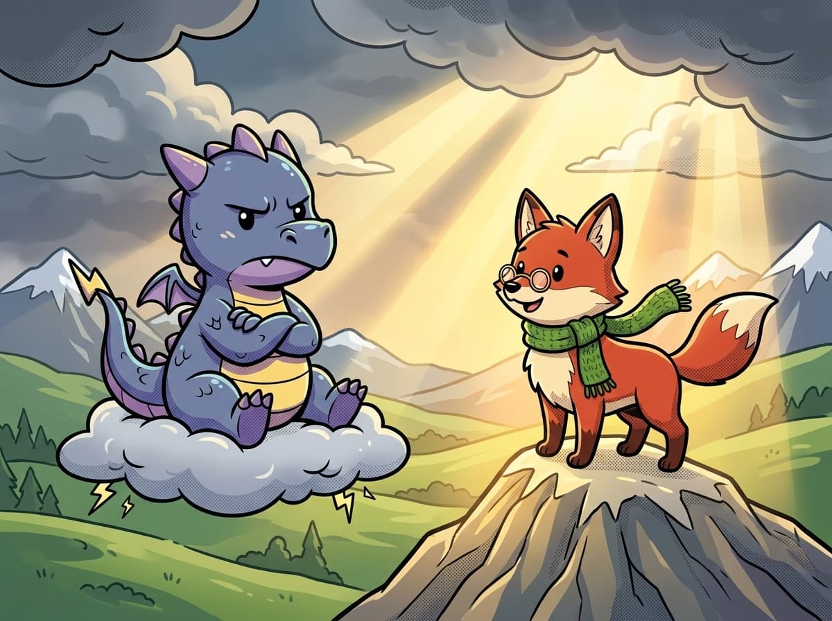 Comic-book style storybook cover of a fox facing a storm dragon