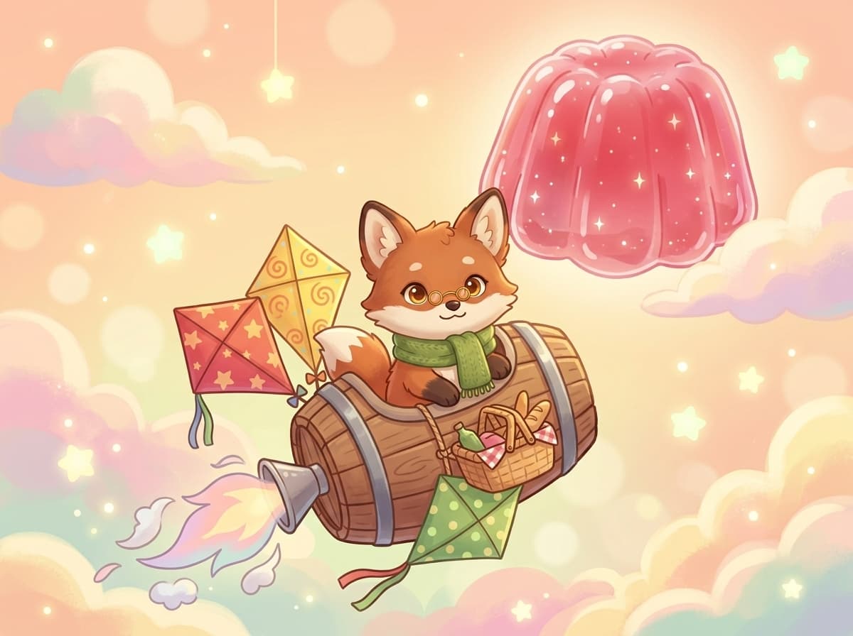 Kawaii storybook cover of a fox flying a barrel rocket to a jelly moon
