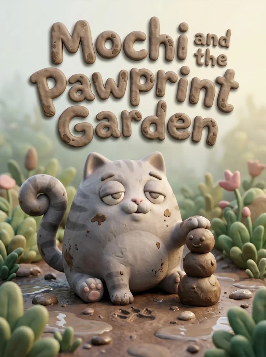 Cover of "Mochi and the Pawprint Garden" — claymation art of a cat in a garden of clay flowers