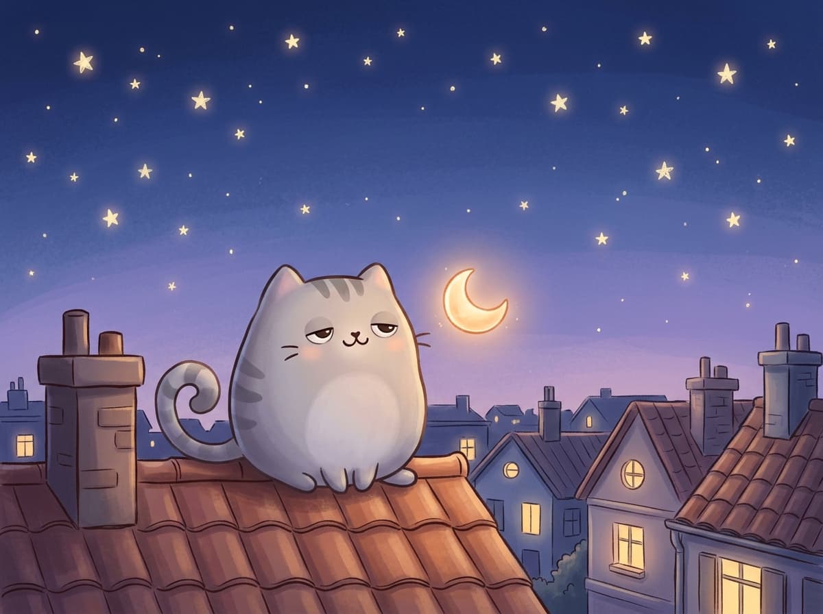 Watercolor storybook cover of a cat and a tiny moon