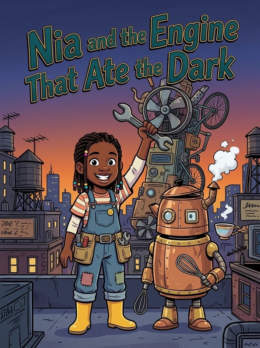 Cover of "Nia and the Engine That Ate the Dark" — comic-book art of a girl engineer on a city rooftop
