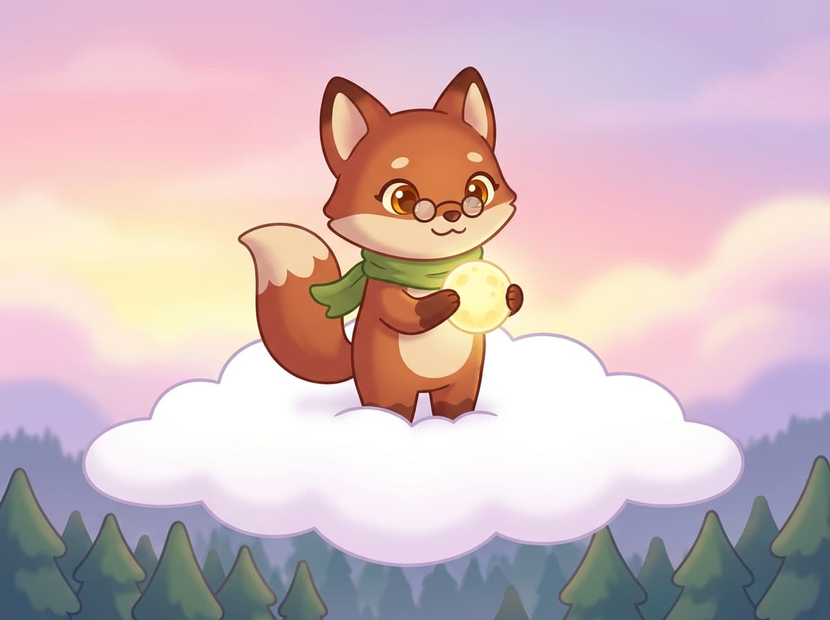 Kawaii storybook cover of a fox holding the moon on a cloud
