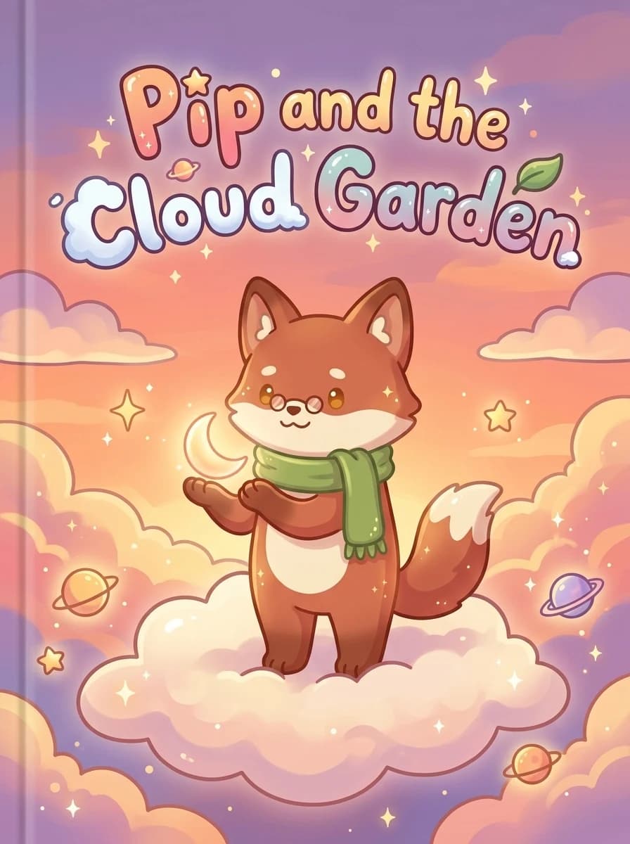 Cover of "Pip and the Cloud Garden" — kawaii art of a fox holding the moon on a cloud