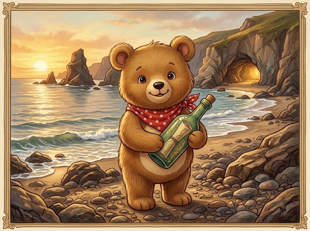 Classic storybook cover of a bear cub finding a message in a bottle