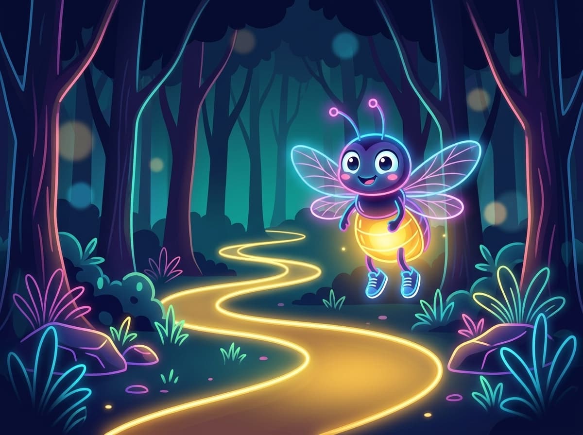 Neon-glow storybook cover of a firefly lighting a forest path