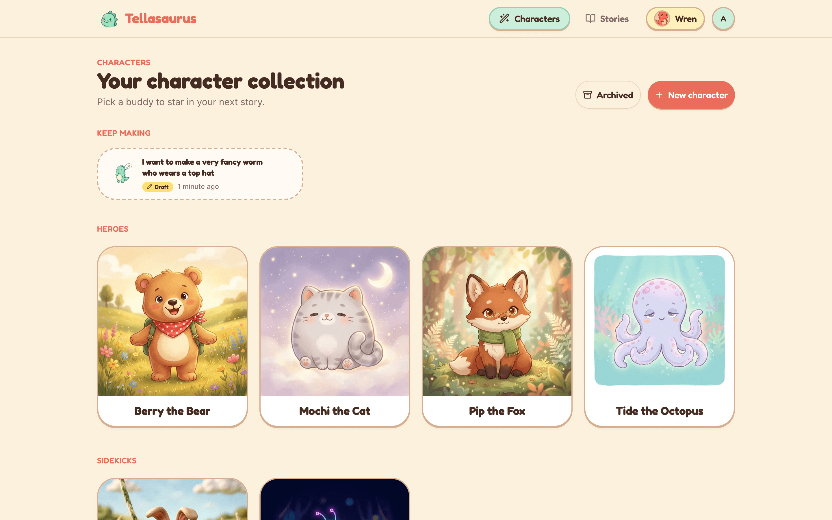 A kid's character collection grouped into heroes, sidekicks, and villains