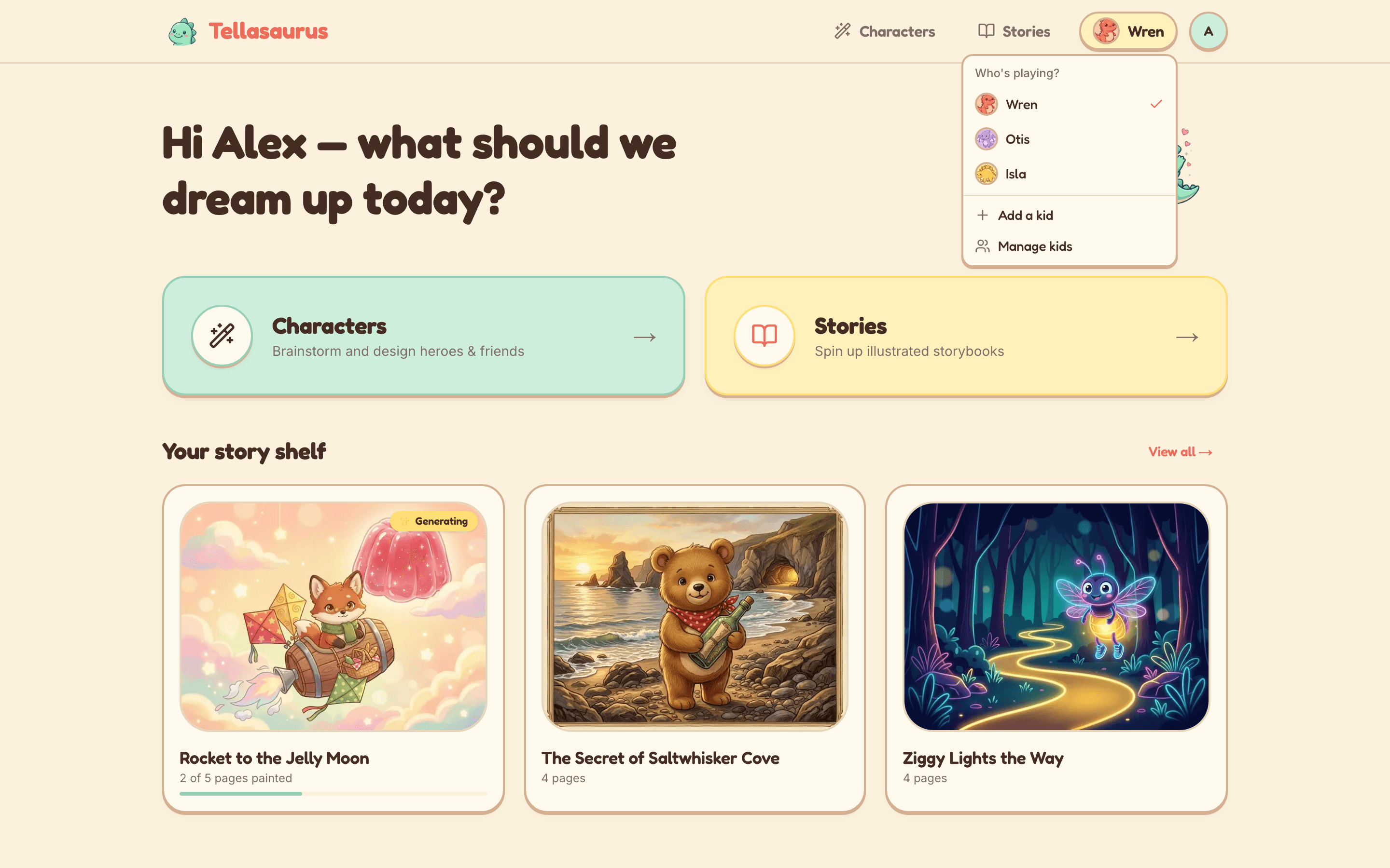Switching between kid profiles from the top navigation