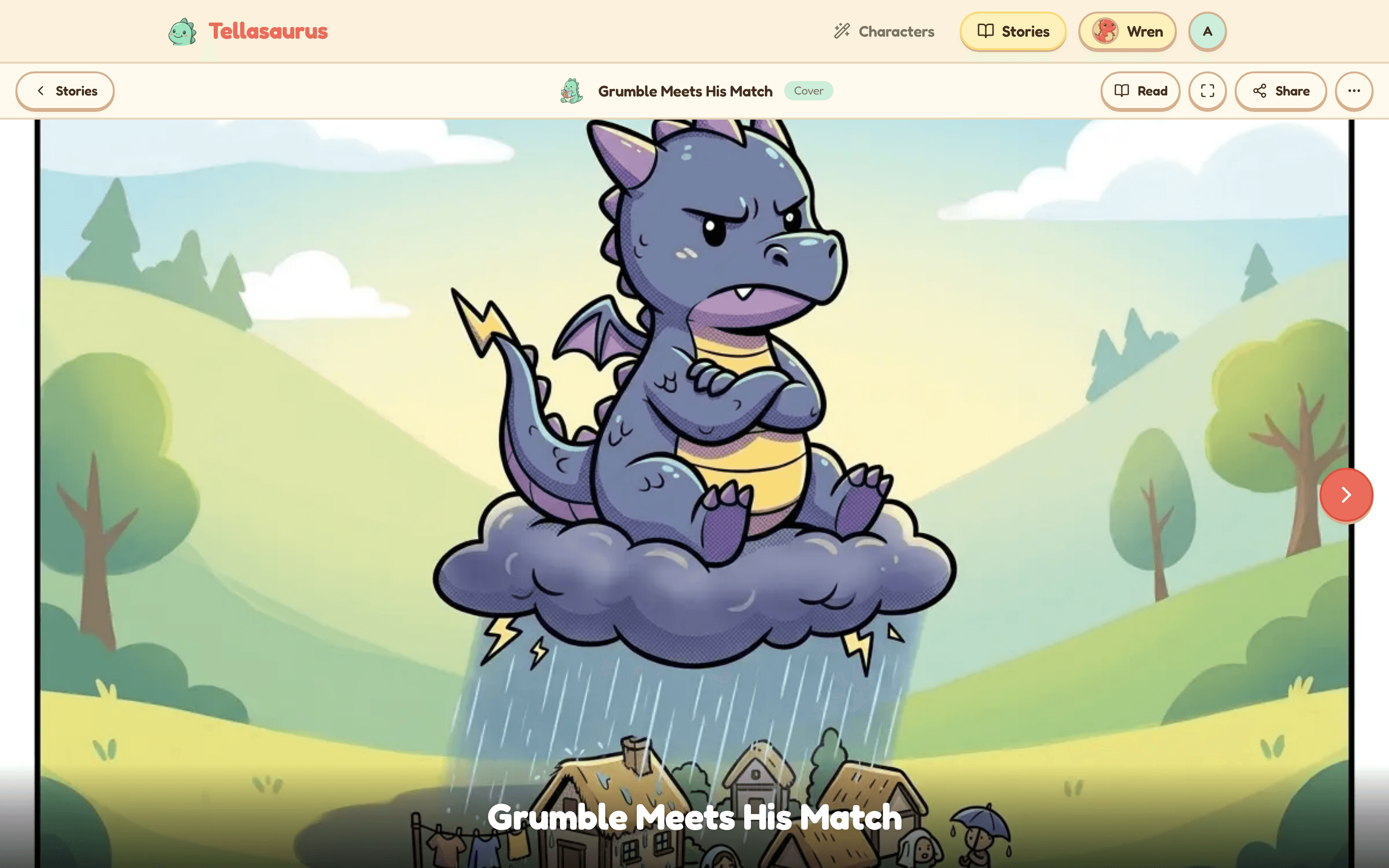 A storybook cover open in the Tellasaurus reader