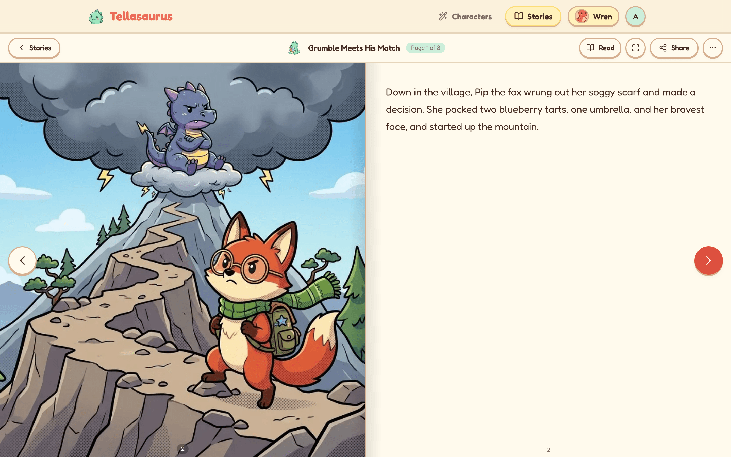 An illustrated storybook page open in the reader with read-aloud controls