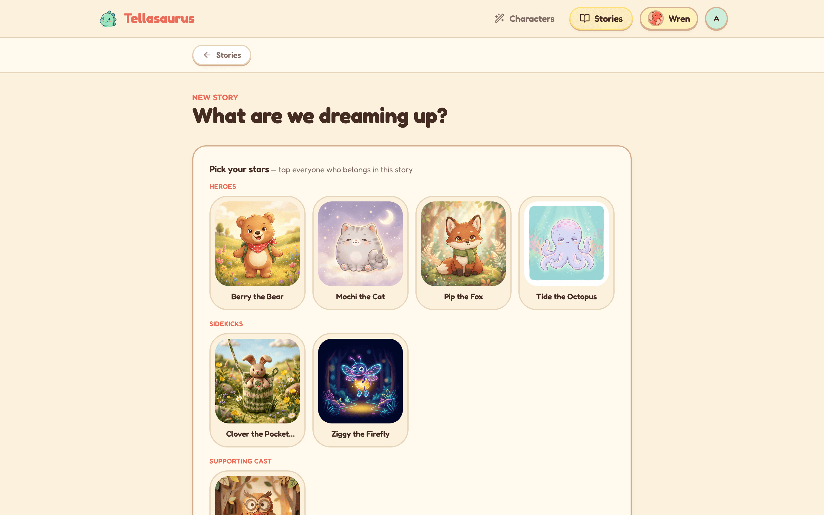 Setting up a new story: pick characters, a reading level, and an art style