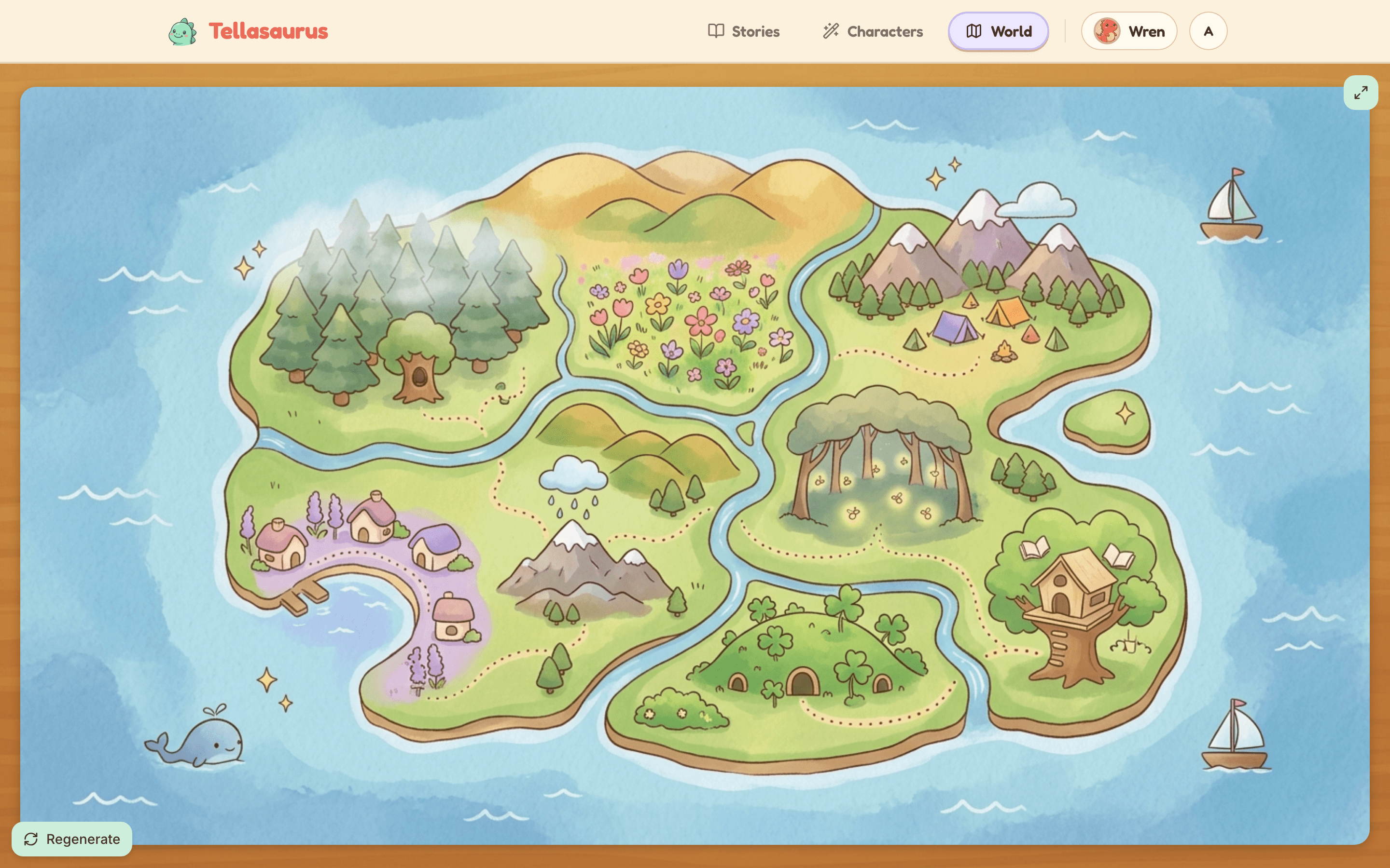 An illustrated world map of a kid's whole character cast, each friend pinned at their home